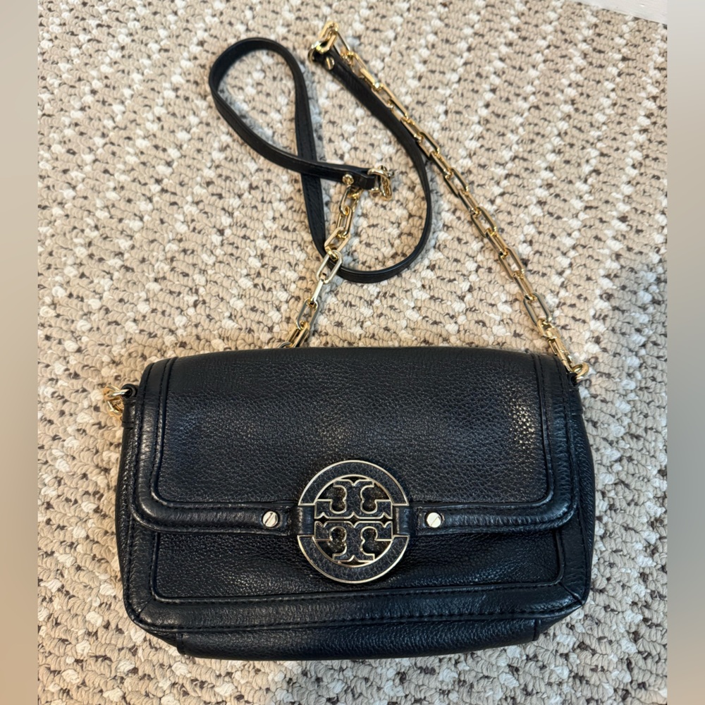 Tory Burch Black Leather Crossbody with Gold Chain